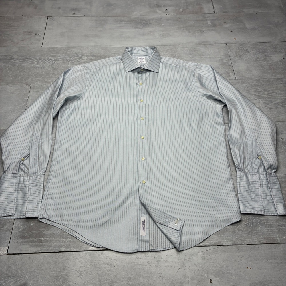 Brooks Brothers Dress Shirt Men 16.5 35 Blue Pinstripe French Cuff Italian